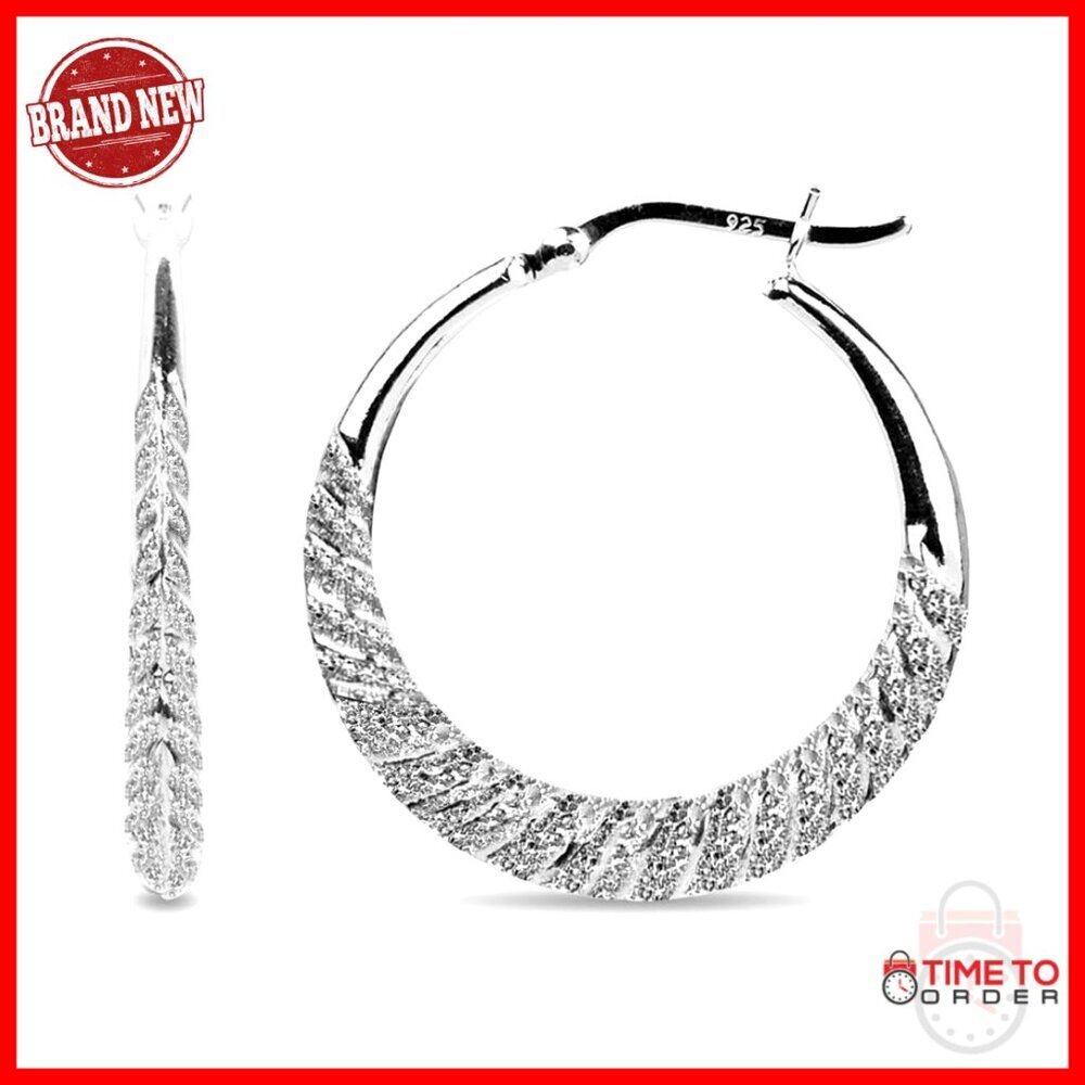 Sterling Silver Hoop Earrings, Diamond-Cut Shrimp Design, Medium Size
